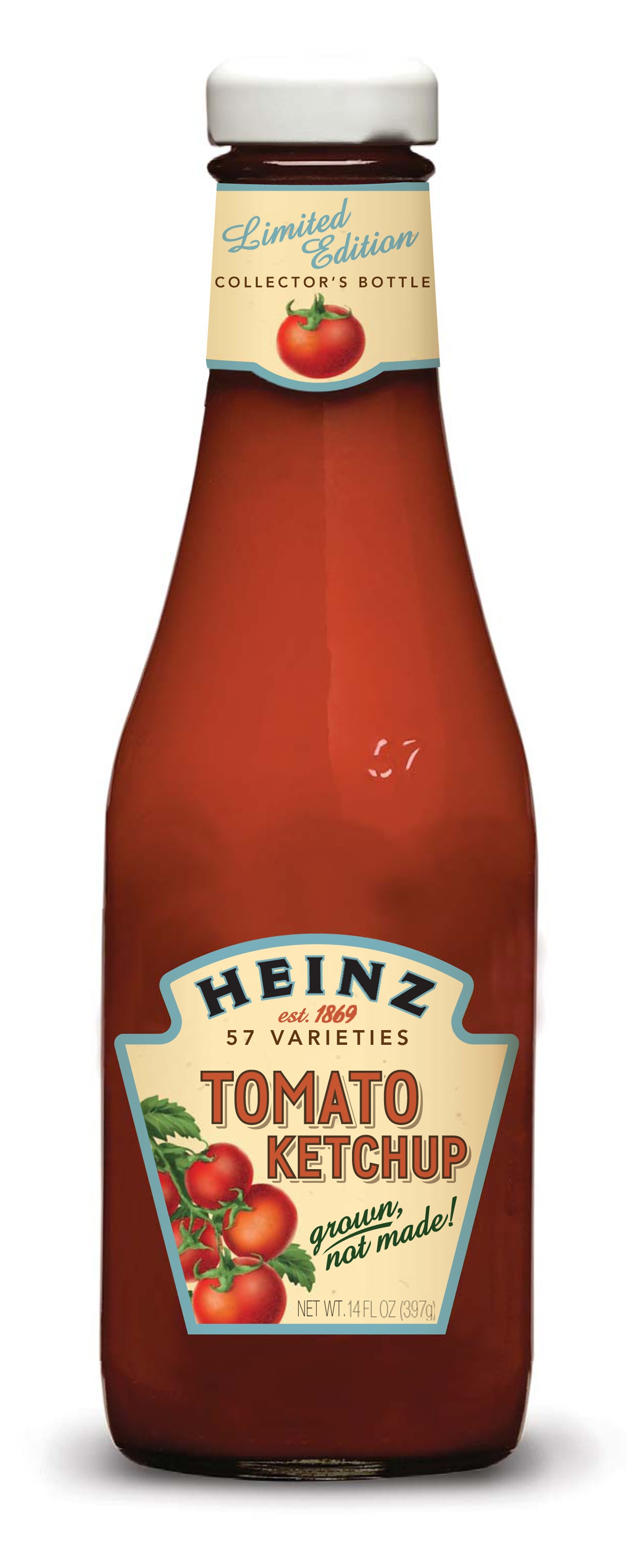 The iconic design of the glass Heinz ketchup bottle.