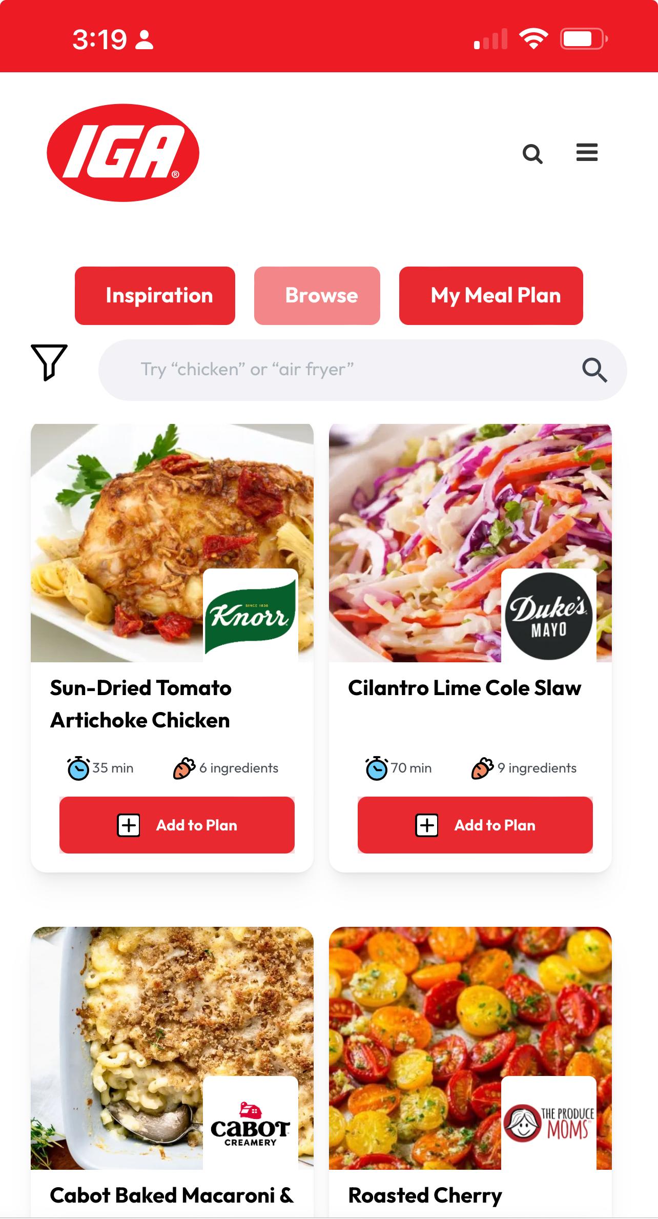 IGA Grocery Shopii Meals Made Easy Recipes with the main image of the recipe platform