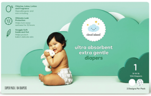 The Cloud Island private brand offers premium baby products like diapers at value prices.