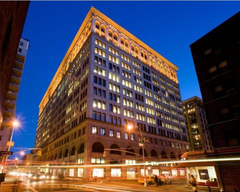 a tall building in a city
