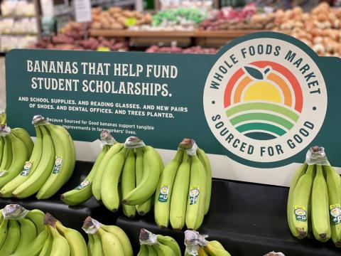 a bunch of green bananas on display in a store