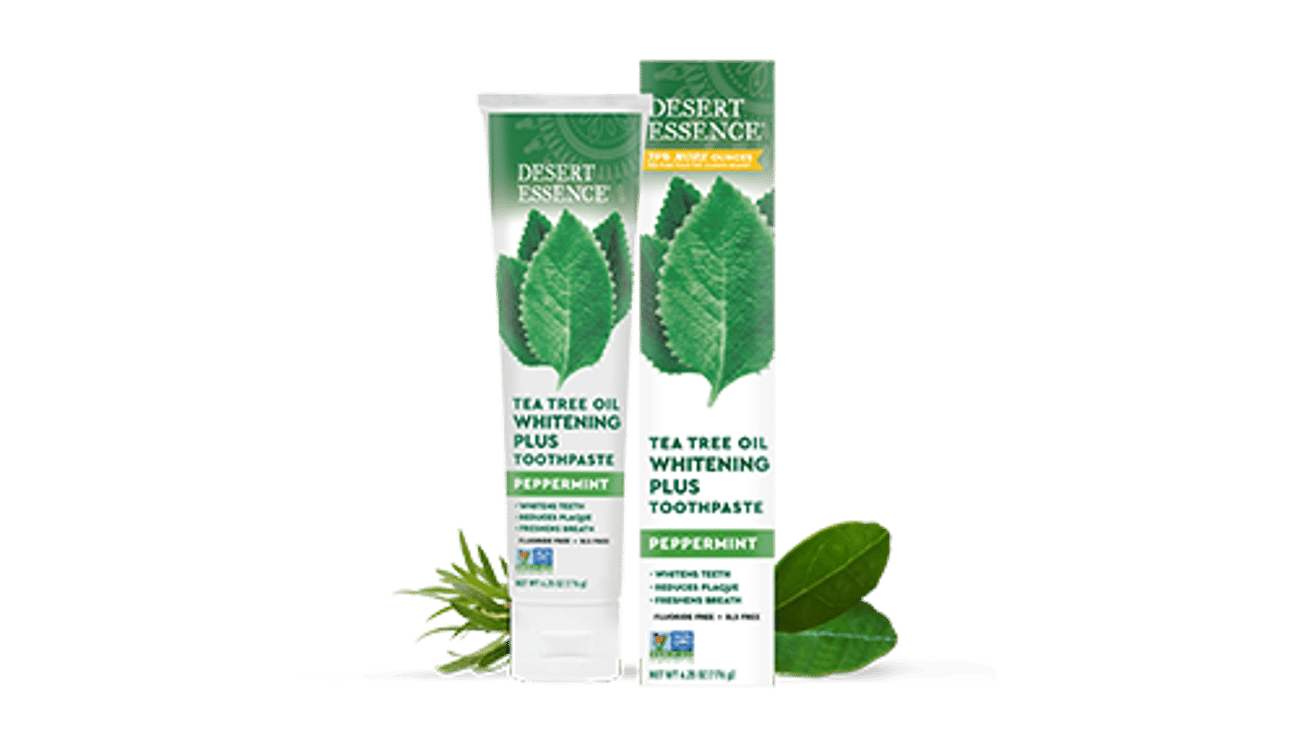 Desert Essence Peppermint Whitening Tube Box Propped Teaser
