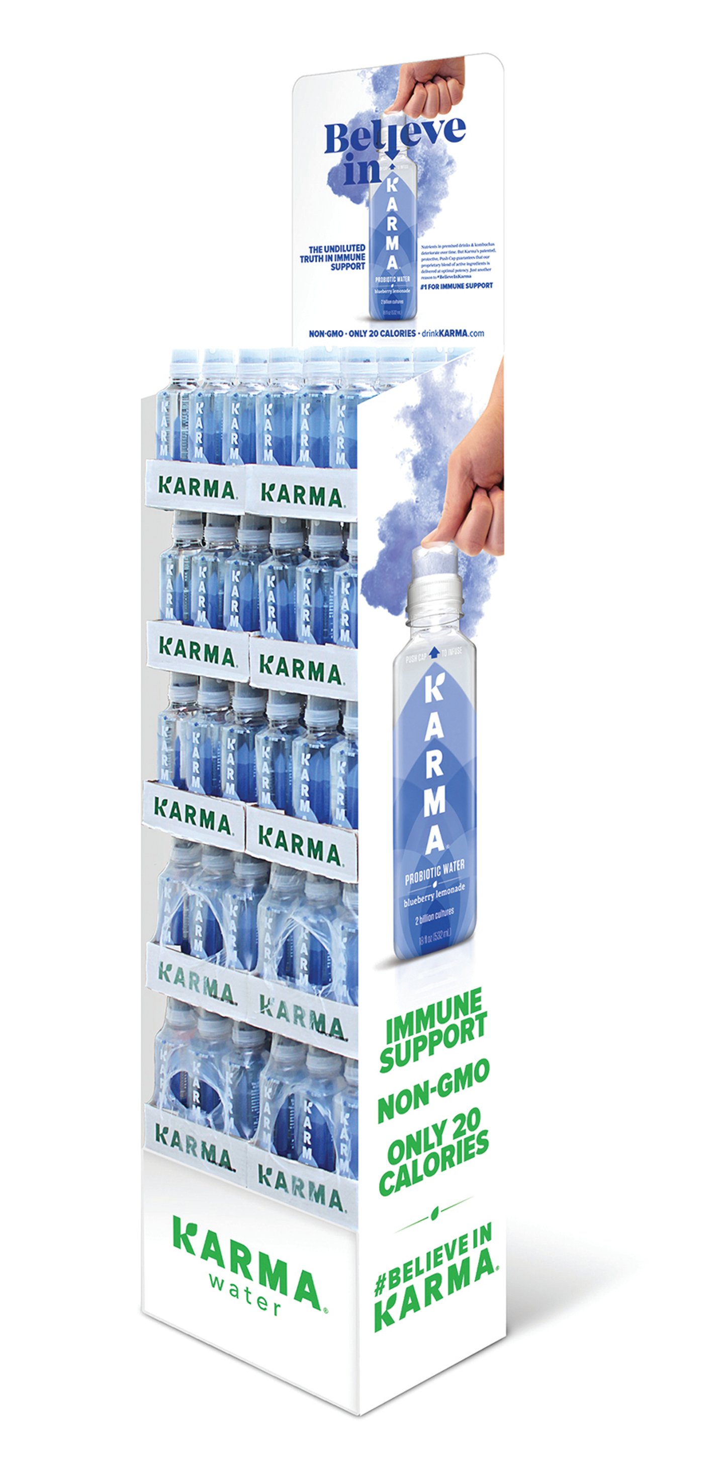 Karma Water's display outlines its attributes and shows consumers how to push to cap to release its nutritive properties.