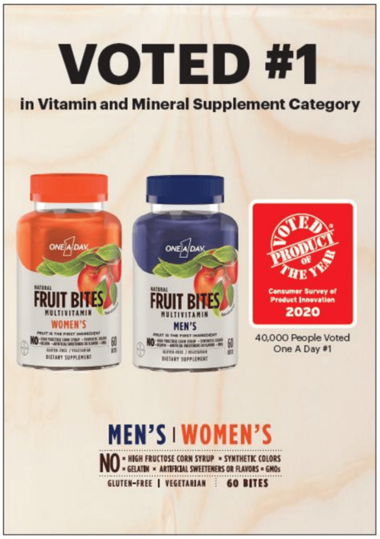 Past winners share stories of success  When Bayer created its new One A Day Natural Fruit Bites Multivitamins, the company was confident it had a special product to add to its portfolio — so confident, in fact, that they entered the multivitamins in the 2020 Product of the Year (POY), the largest consumer-voted award for product innovation.  “What makes Fruit Bites so unique is that unlike other pills or gummy vitamins, these are a new form of multivitamin where real, farm grown apples are the very first in