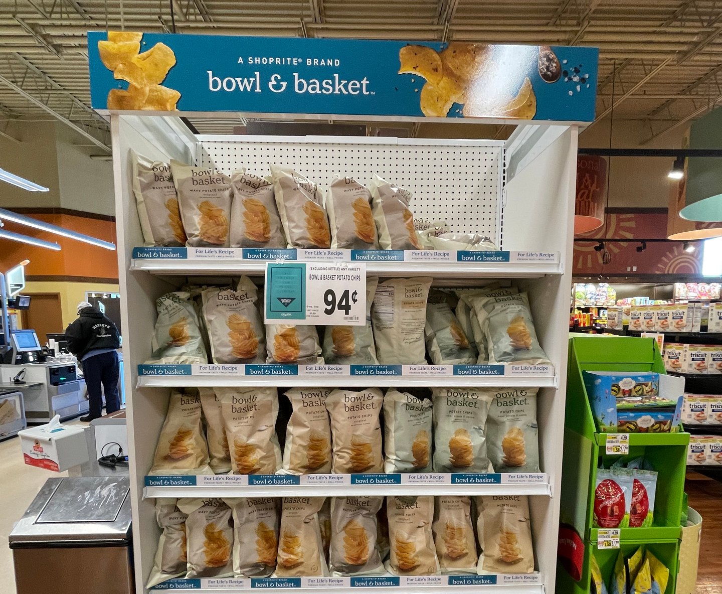 a store shelf filled with food