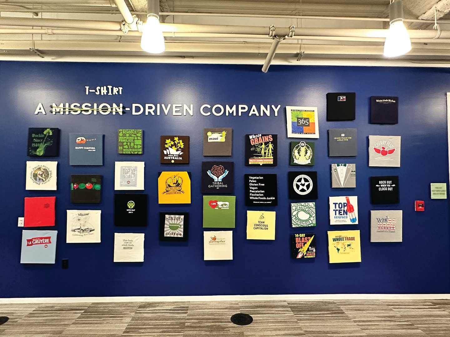 T-shirts wall at Whole Foods HQ